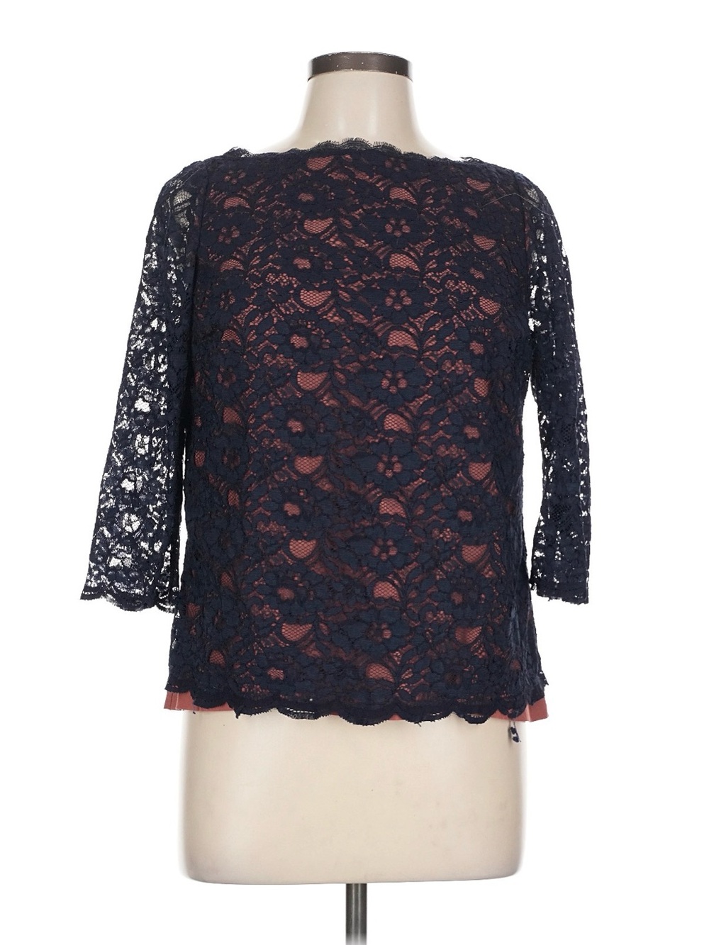 Boden Navy and Rose Lace Three-Quarter Sleeve Top
